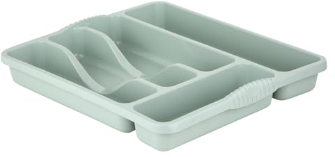 5 Compartment Small Plastic Cutlery Holder Tray Drawer Organiser Rack Holder Kitchen Cutlery Tray Silverware Flatware Storage Organizer For Drawer Spoons Forks Knives Holder For Home (Silver Sage) (1)