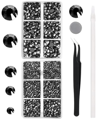 YHMQ DU 6616 Stück glänzende schwarze Hotfix-Strasssteine aus Kristallglas für Kleidung, Hemden, Bastelarbeiten, Stoff, flache Rückseite, rund, mit Pinzette und Picking-Stift (SS6~SS30)