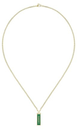 Lacoste pour Homme Collection FENCE Bracelet en Chaîne ou Collier avec Pendentif en Acier Inoxydable Doré avec Plaque Verte