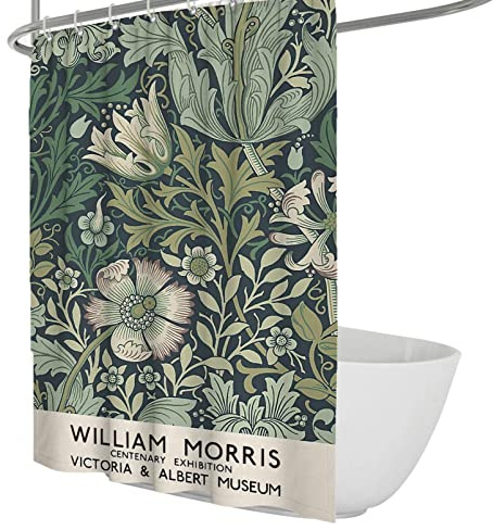 SESIRMIOER William Morris Duschvorhang grüne Pflanze Blätter und Blumenmuster Modernes Dekor wasserdichter Stoff Duschvorhang Badezimmer-Set W90xL180cm
