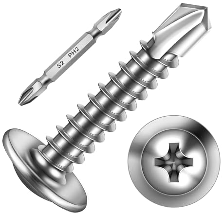200 Stück Blechschrauben 4,2 x 25 mm Selbstschneidende Schrauben Edelstahl Flachkopf mit Scheibe und Kreuzschlitz Schraubendreher Bit