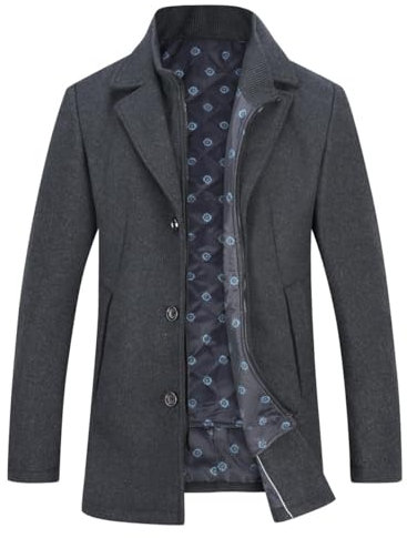 YOUTHUP Men's Winter Coat with Removable Gilet Thick Warm Wool Trench Coat, #1953 Grey, XL