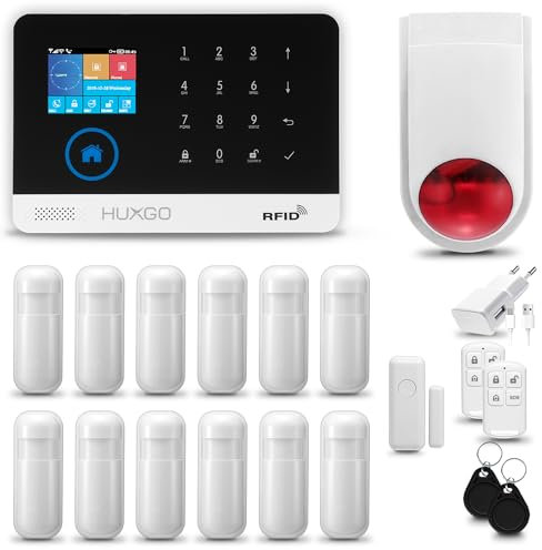 HUXGO® HXA003 Alarmanlage Haus WiFi + GSM mit Funk Sirene | Tuya Smartlife App | Alarm System mit Fenstersensor, 12x Bewegungssensoren | Alarmanlage Wohnung, Garage | Smart Home Security