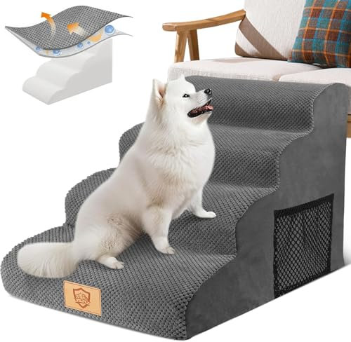 Dog Steps for Bed, MASTERTOP 4-Step Dog Steps for Sofa, Waterproof Pet Ramp with Removable Cover, High Density Foam Dogs Stairs for Small Dogs, Older Cats - Grey, 73 x 40 x 51cm