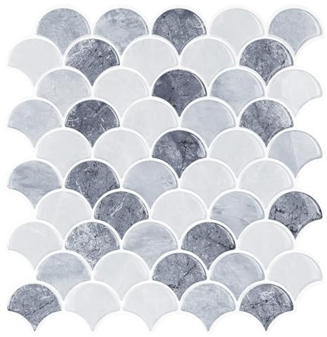 VEELIKE Carrelage Adhesif Mural Écaille de Poisson Gris et Blanc Brillant 3D Carreaux Adhesif Salle de Bain Crédence Adhésive Cuisine Stickers Carrelage Blanchisserie 30.5 cm × 30.5 cm 12 Pièces