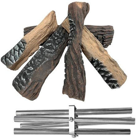 MrGas Log Gas-Kaminholzscheite mit Ständer, 5 Stück, Keramik-Kaminscheite, 22,6 cm, tragbarer Outdoor-Feuerstelle, zusammenklappbarer Edelstahl, geeignet für Outdoor-Aktivitäten, Anzug