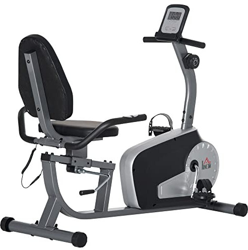 HOMCOM Bicicleta Estática con Respaldo Ajustable Bicicleta Estática Reclinada con 8 Niveles de Resistencia Magnética Asiento Regulable Sensor de Pulso Pantalla LCD Ruedas para Casa Gimnasia