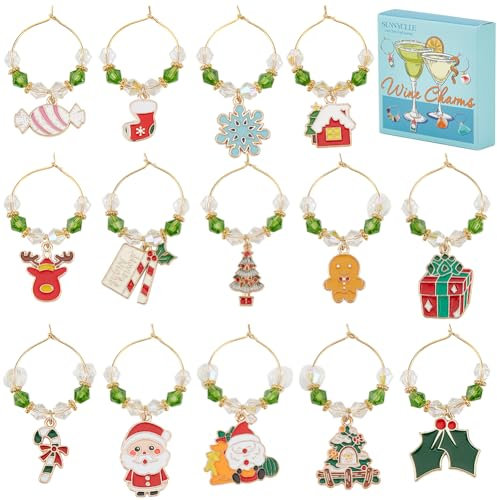 SUNNYCLUE 1 caja 14 piezas Esmalte Navidad Copa de Vino Encantos Identificadores de Vidrio Aleación Metal Invierno Papá Noel Identificación Bebidas Marcadores Etiquetas para Reunión Boda Regalo Fiesta