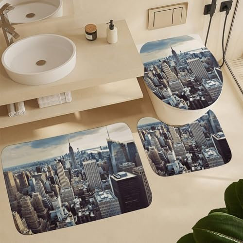 FHPCE Badezimmerteppich-Set, 3-teilig, New York, modische Stadt, Badezimmermatte, rutschfeste Badteppiche für Badezimmer, WC-Vorleger, Plüsch-Badematte, saugfähiger Duschteppich für Schlafzimmer,