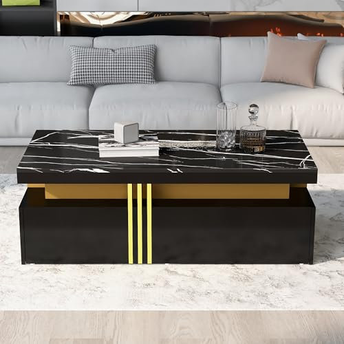 BTM Table Basse Rectangulaire Moderne, Table Basse en Imitation Marbre, Table de Salon avec Deux Tiroirs en Bois, Lignes Dorées, Charge de 30kg, 100x50x40cm, Noir