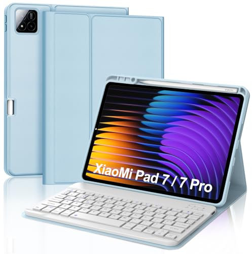 SENGBIRCH Keyboard Case for Xiaomi Pad 7/7 Pro 11.2 2024 - UK Layout Wireless Detachable Bluetooth Keyboard, Protective Folio Cover for Xiaomi Pad 7/7 Pro 11.2 inch 2024, Light Blue