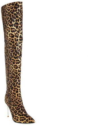 HXTYXCQ Donna Tacco Alto A Spillo Stivali Alti alla Coscia Pelle Stivali Lunghi con Cerniera Sexy Punta Appuntita Stivali sopra Il Ginocchio,Leopardo,39 EU