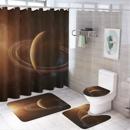 4-teiliges Duschvorhang-Set mit Teppichen, Planet Aura Universum Hintergrund, Badezimmervorhänge, Dusche mit rutschfestem Teppich, ovaler Toilettendeckelvorleger, Badematte und 12 Haken, 180cm X 180cm