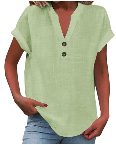 Yinguo Ladies Tops 2025 Women's Summer Cotton Linen Cap Sleeve T-Shirt Button V Neck Tunic Tops Fashion Baggy Solid Plain Casual Shirts Trendy Blouse