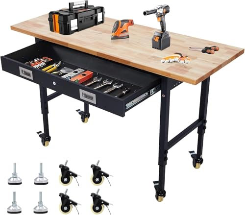 Adjustable Height Workbench with Drawer Storage 60x22 (153x56 cm) - Heavy Duty Rubber Wood Top, Rolling Workstation with Power Outlet & Lockable Wheels, 2000 Lbs Load Capacity Hardwood