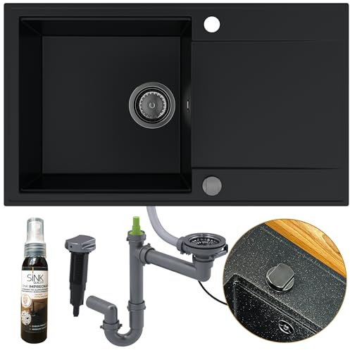 SINK QUALITY Küchenspüle mit Abtropffläche - Spülbecken Schwarz 78x46 cm - inkl. Siphon Graphitmetallic und Imprägnieren - Einbauspüle für 60er Unterschrank - Granitspüle Schwarz XXL