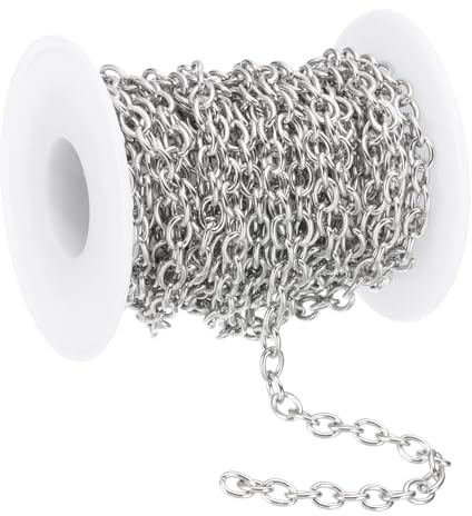 PATIKIL 16.4Ft 304 Stainless Steel Cable Link Chains, 5mm Width Flat Metal Links Chains Jewelry Roll Spool Bulk Chain for Jewelry Making DIY Craft, Silver Tone