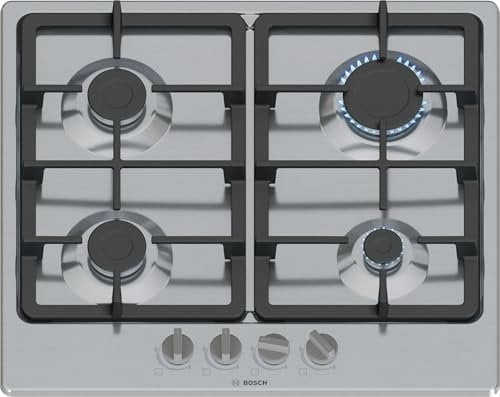 Bosch, Series 4, PGP6B5K90 60cm Gas Hob with 4 burners, 2 Dishwasher suitable cast iron pan supports, new standard sword dials, Front control