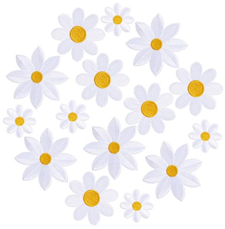 MBAIYO 3 Größen Gänseblümchen Patches zum Aufbügeln, 15 Stück Blumen Flicken Zum Aufbügeln Weiß Bügel Patches Bestickte Applikation Bügelbilder für Textilien Zum Erwachsene Kinder Kleid Jeans DIY