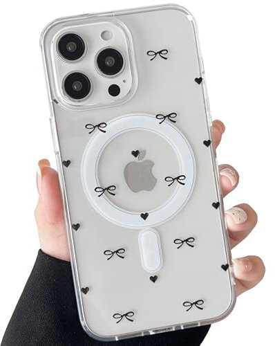 ZTOFERA Magnetic Case for iPhone 16 Pro (6.3), Clear Aesthetic Phone Case Compatible with MagSafe, Cute Bow Ribbon Bowknot & Love Heart Pattern Soft TPU Shockproof Cover for Girls Women, Black Bows