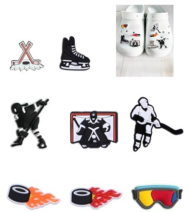 tikono Ice Hockey Sports Themed Shoe Charms, 8-Piece Set, White and Black Hockey Accessories for Clogs (8pcs Ice Hockey Sports Themed Shoe Charms)