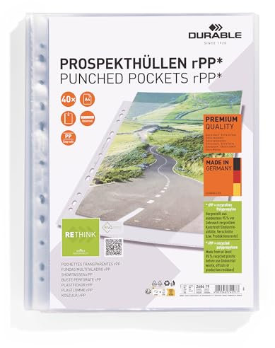 Durable Prospekthüllen A4 in Premiumqualität, aus recyceltem PP, Klarsichthüllen 40 Stück, oben offen, 268619