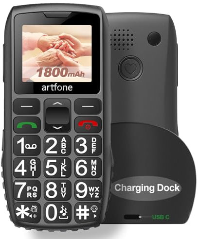 Artfone Seniorenhandy ohne Vertrag – Großtastenhandy mit Dual SIM, SOS Notruf, Ladestation, 1800mAh Akku, FM-Radio, 1,8 Farbdisplay, 2G GSM Handy für Senioren – Schwarz