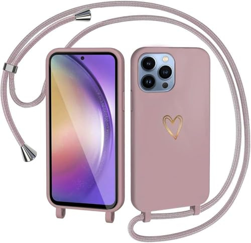 CaseLover Handyband kompatibel mit iPhone 14 Pro Hülle mit Band, Herz Muster Silikon Necklace Handyhülle mit Abnehmbar Kordel zum Umhängen Stossfest Bumper Schutzhülle für iPhone 14 Pro, Pink