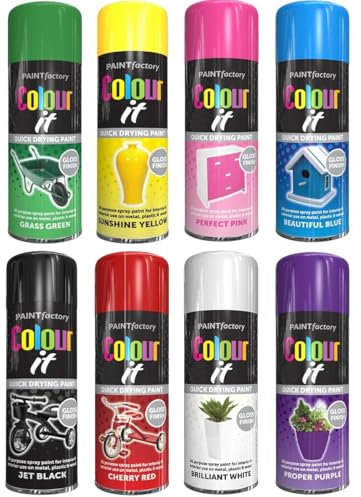 Pack of 8 Spray Paint Gloss Finish 400ml Cans Assorted Colours Quick Dry, Multi-Surface for Wood, Metal, Plastic, Indoor & Outdoor Use
