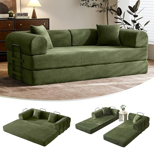 79 Convertible Sofa Bed with Fixed-Shape Frame & Removable Armrests, Modular Corduroy Sleeper Sofa, Folding Mattress Couch for Small Spaces - No Assembly Needed in Green (Includes 2 Pillows)
