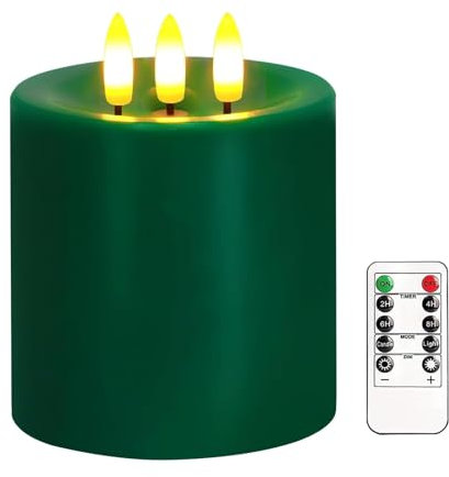 Justup Flammenlose LED-Kerzen, Große 3 Docht LED Kerzen mit Fernbedienung & Timer, Echtes Wachs, Batteriebetriebene Säulen Kerzen für den Startseite Partei Weihnachten Dekor (Grün)
