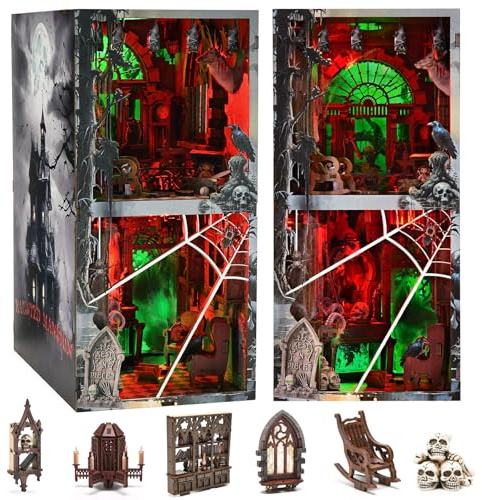 fifijoy Book Nook Kit - Spukhaus DIY Halloween Miniatur Puppenhaus Kit mit Staubschutz und LED-Licht, 3D Puzzle Gruselige Buchstütze aus Holz, Modellbau-Set für Erwachsene (Haunted Mansion)