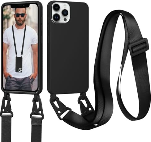 Jrkvniv Kompatibel mit iPhone 12 Pro Max Handyband Hülle, Schwarz | Necklace Handyhülle mit zum Umhängen Kordel Schnur, Stoßfest Weich TPU Flüssig Silikon Schutzhülle Case mit Kette