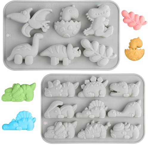Lot de 2 Moule en silicone en forme de dinosaure | Moules à chocolats en silicone pour dinosaures, Mignon Silicone Animal Moule, pour Chocolat, Cupcakes, Cire, Bougie, Muffin
