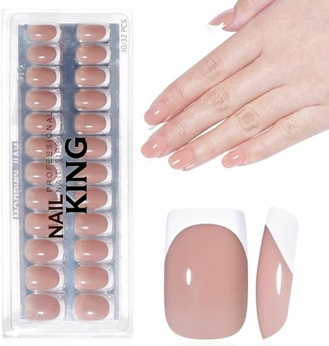 32 Stück Rosa French Press on Nails - Nails zum AufklebenKünstliche Fingernägel Kurz Full Cover Quadratisch Nägel Zum Aufkleben, Natürlich Fake Nails für Damen Frauen Nagelspitzen (Nackt, 32PC)