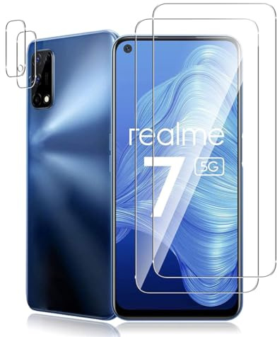 Dision Protector de Pantalla Compatible con Oppo Realme 7 5G [2 Piezas] +Protector de Lente de Cámara [2 Piezas] [Tecnología de Defensa Múltiple]Vidrio Templado
