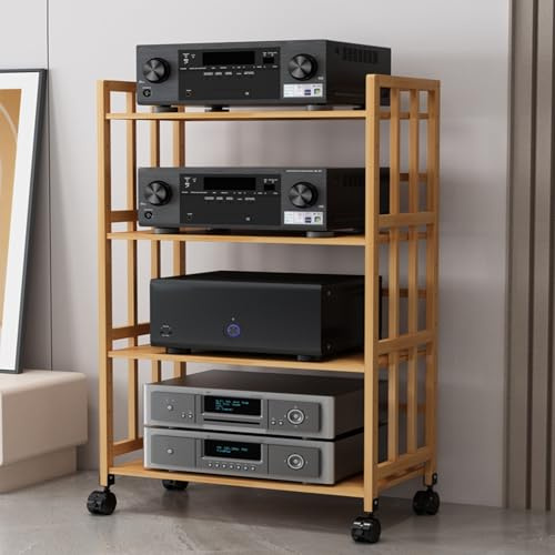 Hi-Fi Audio Entkopplungs-Rack, Anti-Vibrations Stereo Regal mit Einscheibensicherheitsglas & Massivholz-Pfosten, Metall Dämpfungs-Spikes für Hi-Fi Geräte(Black,1-Tier)
