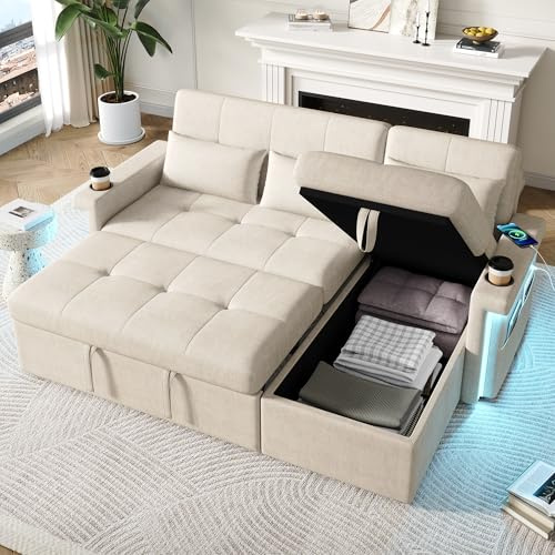 Luscriate Ecksofa mit Schlaffunktion, L Sofa Klein, ecksofa mit Beleuchtung & USB-Anschlüssen, Sofa mit Stauraum, verstellbare Rückenlehne – Wohnzimmer(Beige+Chenille+Corduroy, 3-Sitzer)