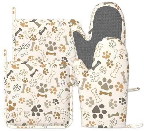 Oven Mitts and Pot Holders Sets, Dog Bone Paw Oven Gloves Heat Resistant, Cute Baker Stuff, Chef Cooking Baking Gifts for Bakers, Kitchen Gifts for Cooking Lover Cooks Mom