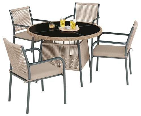 DRIXNO Gartenmöbel Set 4 Stühle mit Tisch, Runder Glastisch, Balkonset 4 Armlehnstühle, Lounge Möbel Outdoor, Eisengestell, Terassenmöbel Sitzgruppe Loungemöbel für Garten, Außen, Drinnen, Grau