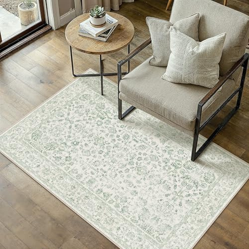PureCozy Teppich Wohnzimmer Grün 120x170cm Waschbarer rutschfest Teppiche | Weicher Kurzflor, Pflegeleicht, Vintage Carpet, Schlafzimmer, Esszimmer, Büro ,Kinderzimmer