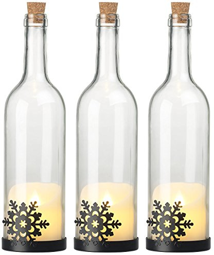 Lunartec LED-Bottle-Light: 3er-Set Deko-Glasflasche, LED-Kerze & bewegliche Flamme, Schneeflocke (Deko-Flaschen Glas, Flaschen-Licht, Gläser)