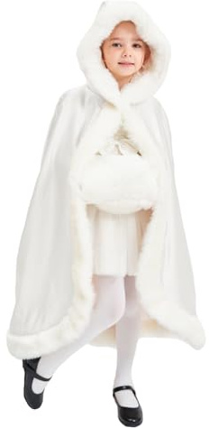 BEAUTELICATE Umhang Kinder Cape Mit Kapuze Winter Warm Kunstpelz Für Hochzeit Weihnachten Halloween Blumenmädchen Junge, Elfenbein, 81CM Länge