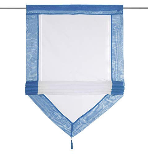 Raffrollo mit Quaste Dreieck Raffgardine Voile Transparent Tunnelzug Vorhang (BxH 100x140cm, Blau)