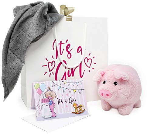 Baby Mädchen Geschenk zur Geburt - Geschenkset Girl Pink mit Sparschwein im Set | Babyset mit Geschenkbox und Glückwunschkarte für Babyparty | Babygeschenke Kuscheltier Mulltuch Karte und Tasche
