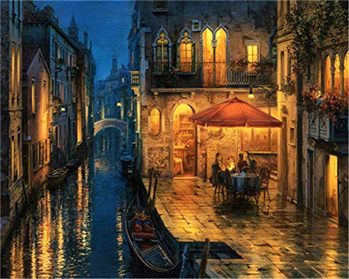 YEESAM ART DIY Ölgemälde Malen nach Zahlen Erwachsene Kinder, Romantisch Venedig Nacht Aussicht Zahlenmalerei ab 5 Öl Wandkunst (Venedig, mit Rahmen)