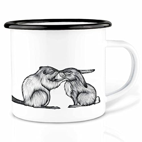 Ligarti Emaille Tasse | handveredelter Becher | Design Mug | Kuscheltiere (Kaninchen & Biber, 300ml)