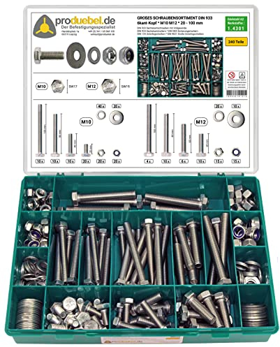 Großes Schrauben-Sortiment DIN 933 M10/M12 Edelstahl A2 V2A (DIN933+934+985+125+9021) 240-tlg (Standard-Box)