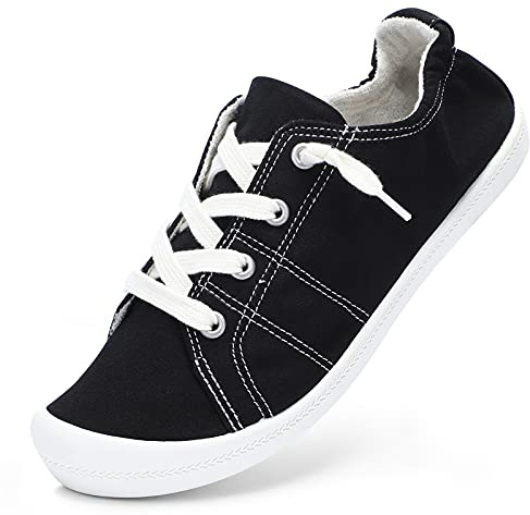 STQ Canvas Shoes Women Trainers Ladies with Memory Foam Low Top Sneakers Orthopedic Walking Plimsolls Footwear Non Slip Comfort Sports Fashion Casual Black UK 5 / US 7