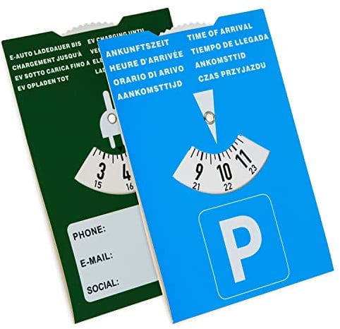 Parkscheibe für E-Auto, 2 Stück, 2in1 mit Ladedauer, aus Papier, Parkuhr für Ladesäule, für E Auto und Plug-In-Hybrid, Parking Disc Blue, Parkscheiben, Parkkarte, blaue Papier Park Scheibe Karte